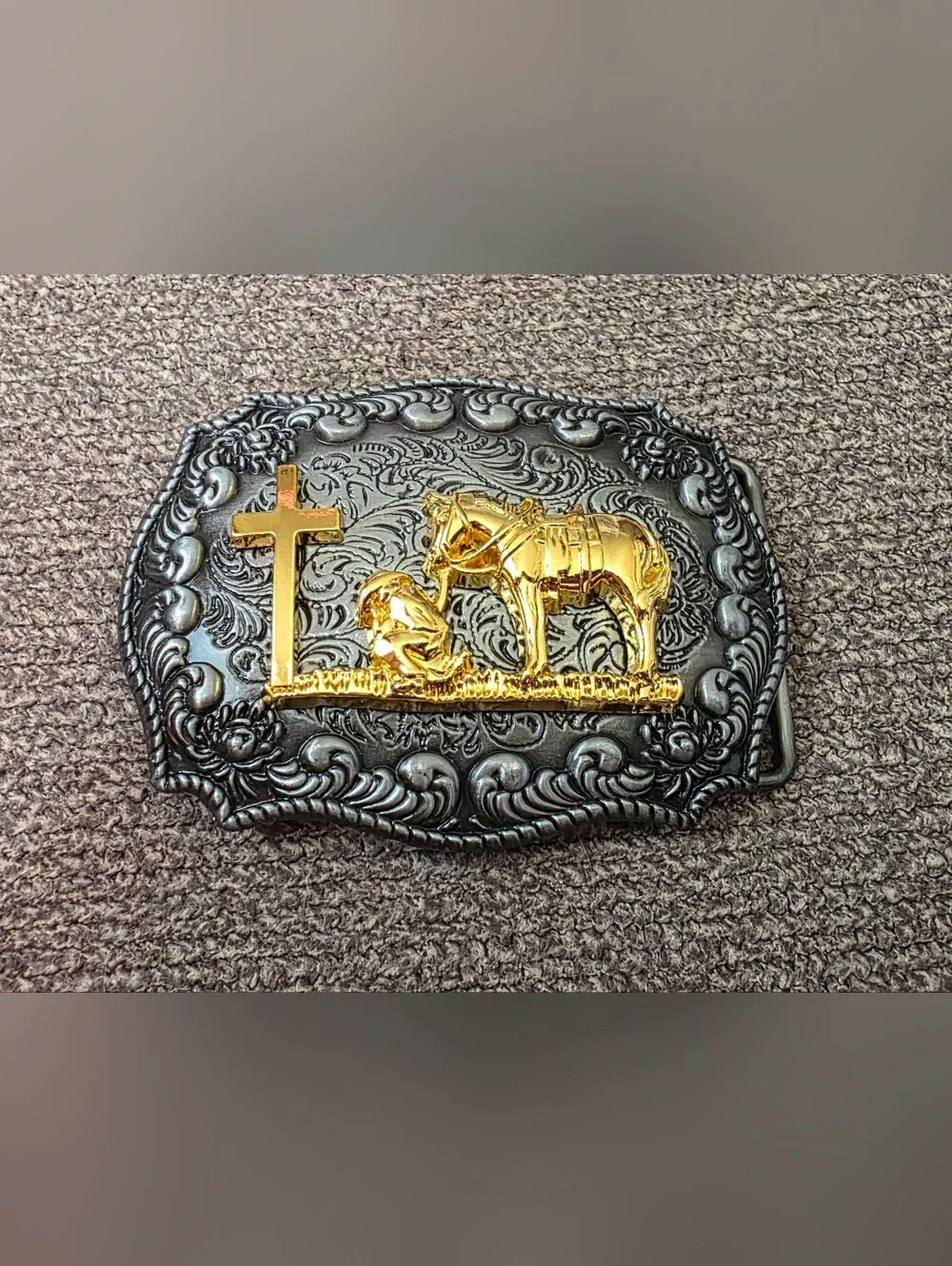 Faith Horse and cowboy praying at cross Belt Buckle Small Size